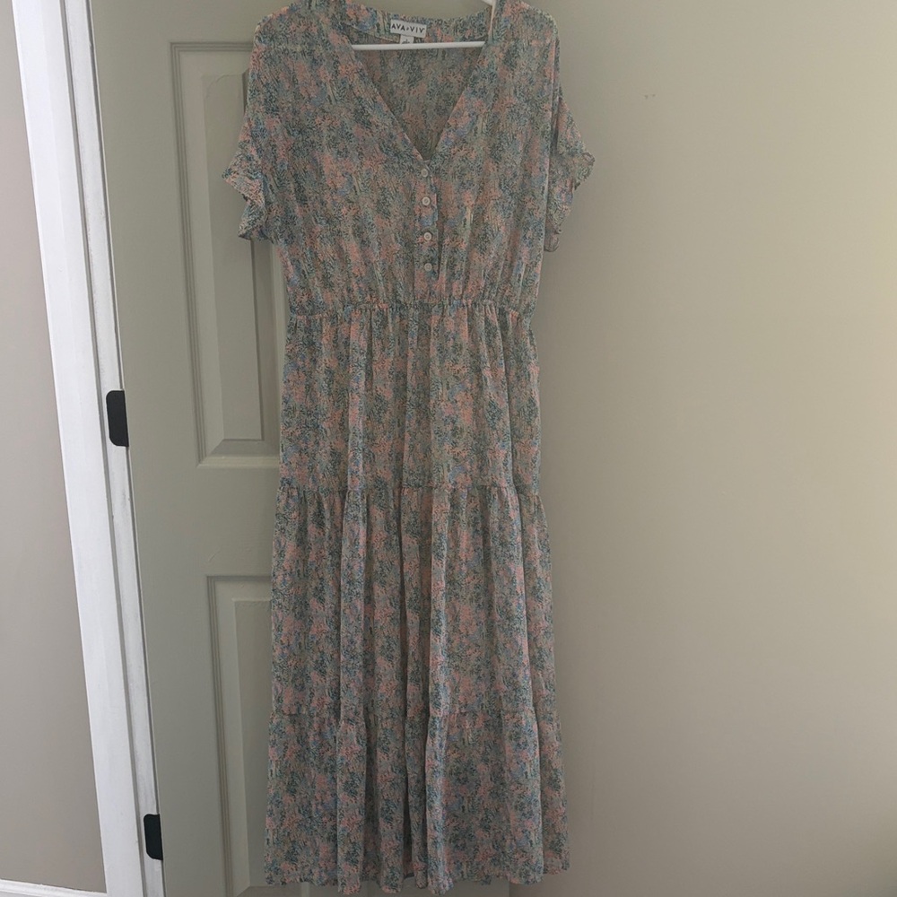Ava & Viv Pink and Blue Floral V-Neck Tiered Maxi Dress